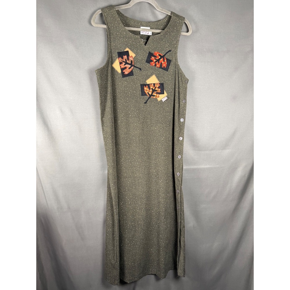 Beverly's Maxi Dress Women Small Olive Green Leaf Applique Side Button Fall
